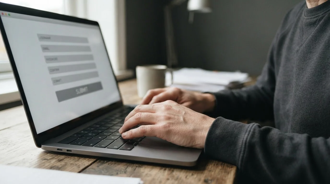 Hände tippen Registrierungsdaten auf Laptop-Tastatur