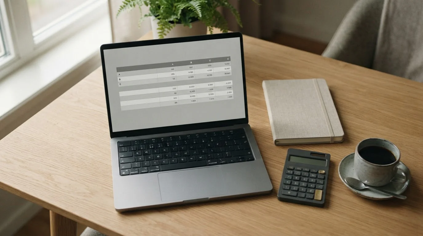 Vergleich von Sportwetten-Anbietern auf einem Laptop mit Notizen und Taschenrechner