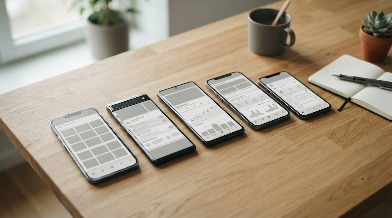 Mehrere Smartphones zeigen verschiedene Wett-Apps auf neutralen Startbildschirmen zum Vergleich