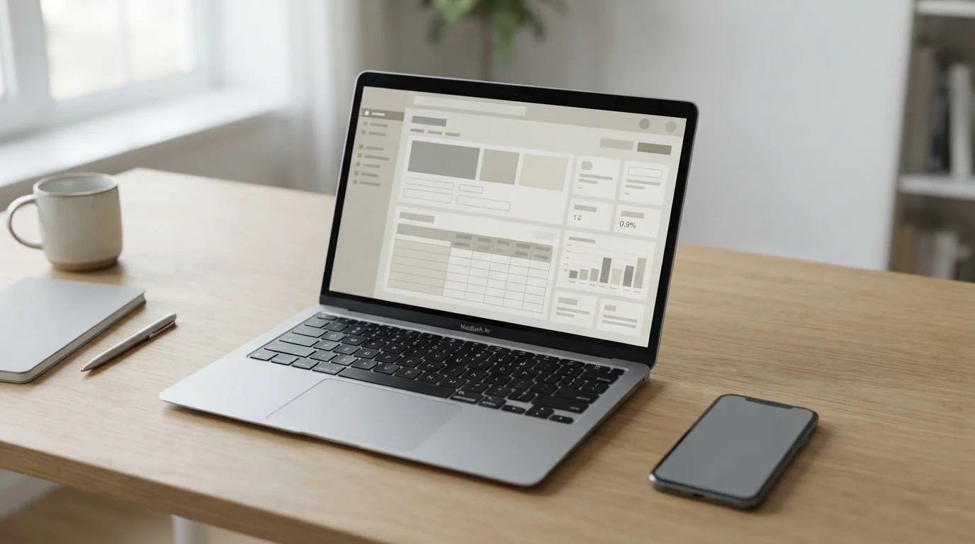 Laptop mit neutraler Wettplattform-Oberfläche auf minimalistischem Schreibtisch