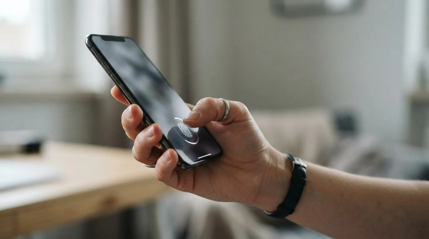 Hand hält Smartphone während der biometrischen Authentifizierung mit Fingerabdruck