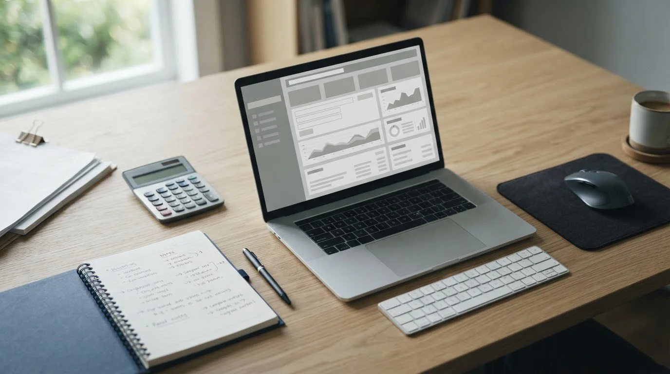 Laptop mit Zahlungsoptionen und Taschenrechner auf einem Schreibtisch