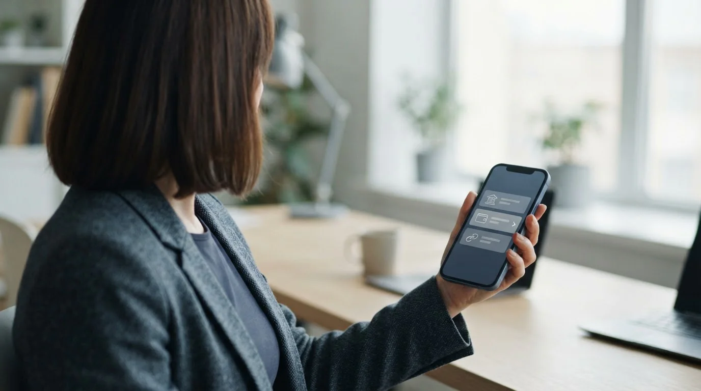 Smartphone zeigt verschiedene digitale Zahlungsoptionen im neutralen Interface