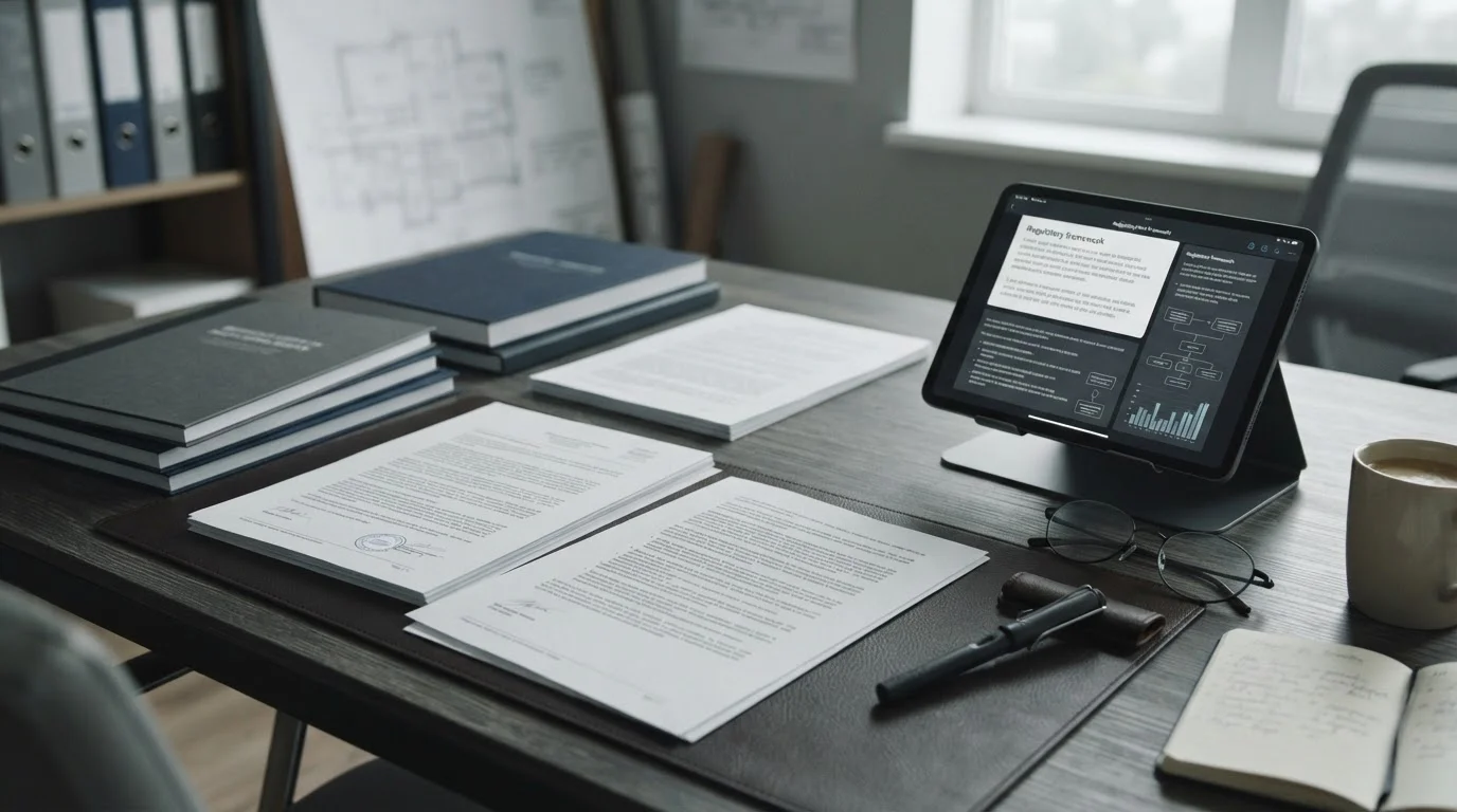 Dokumente und Tablet mit regulatorischen Informationen auf Schreibtisch