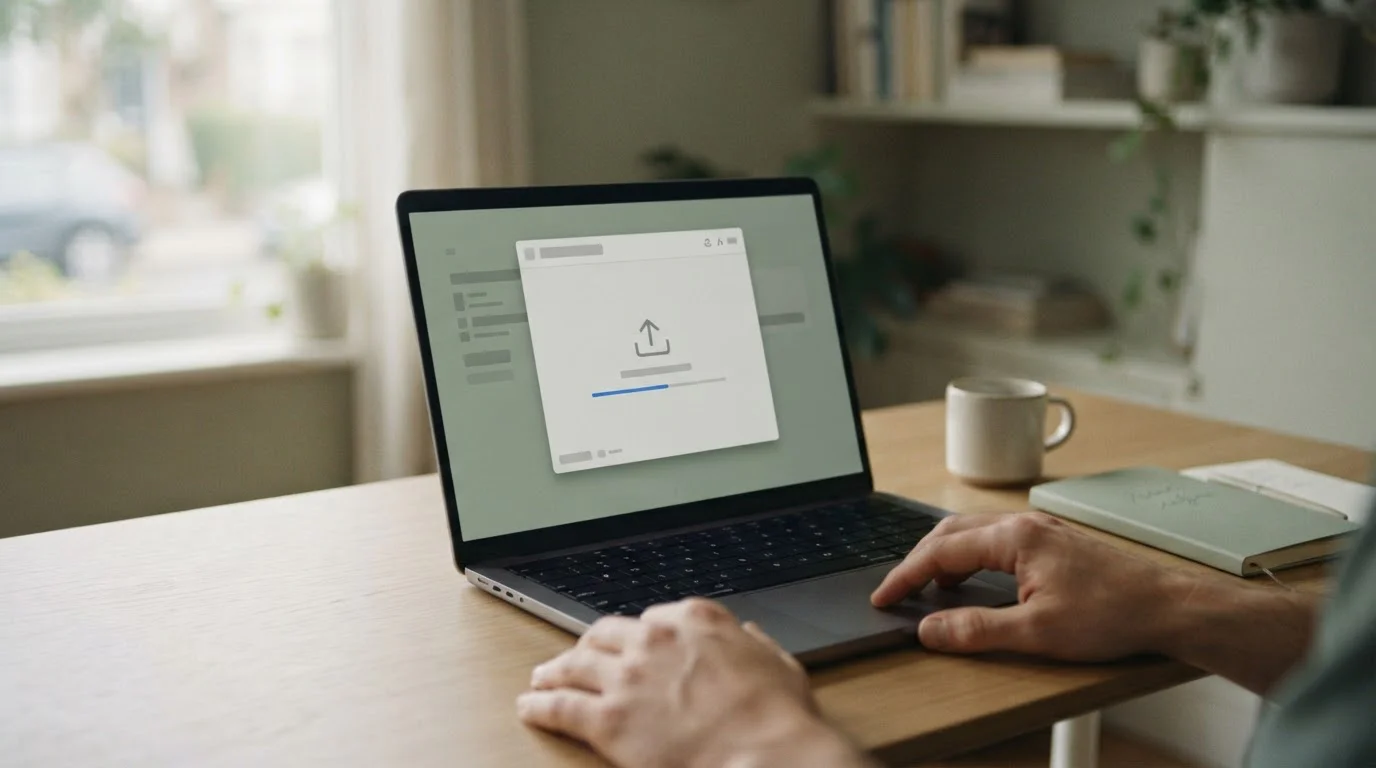 Laptop zeigt abstraktes Dokument-Upload-Interface für Kontonachweis