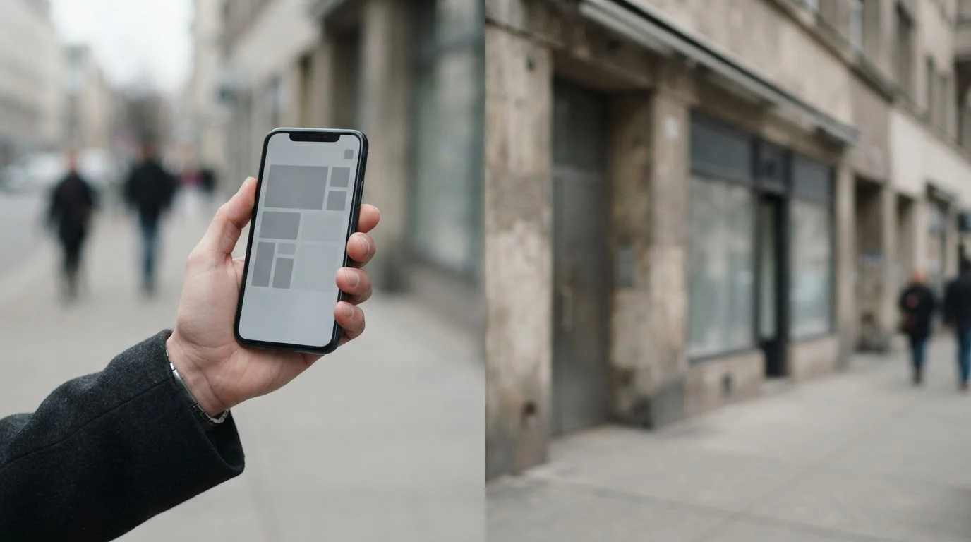 Smartphone und Wettbüro-Fassade symbolisieren den Vergleich zwischen Online- und stationären Wetten