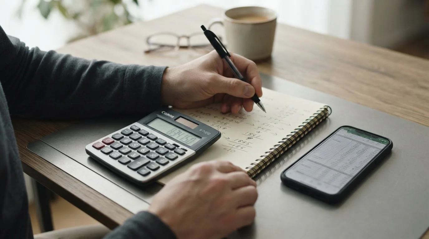 Arbeitsplatz mit Taschenrechner und Notizen zu Wettbedingungen und Abzügen