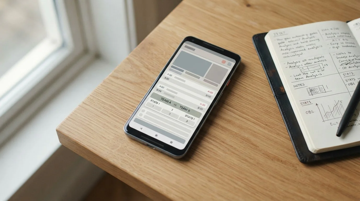 Smartphone mit Sportwetten-App auf einem Schreibtisch neben Notizblock und Stift in neutralem Tageslicht