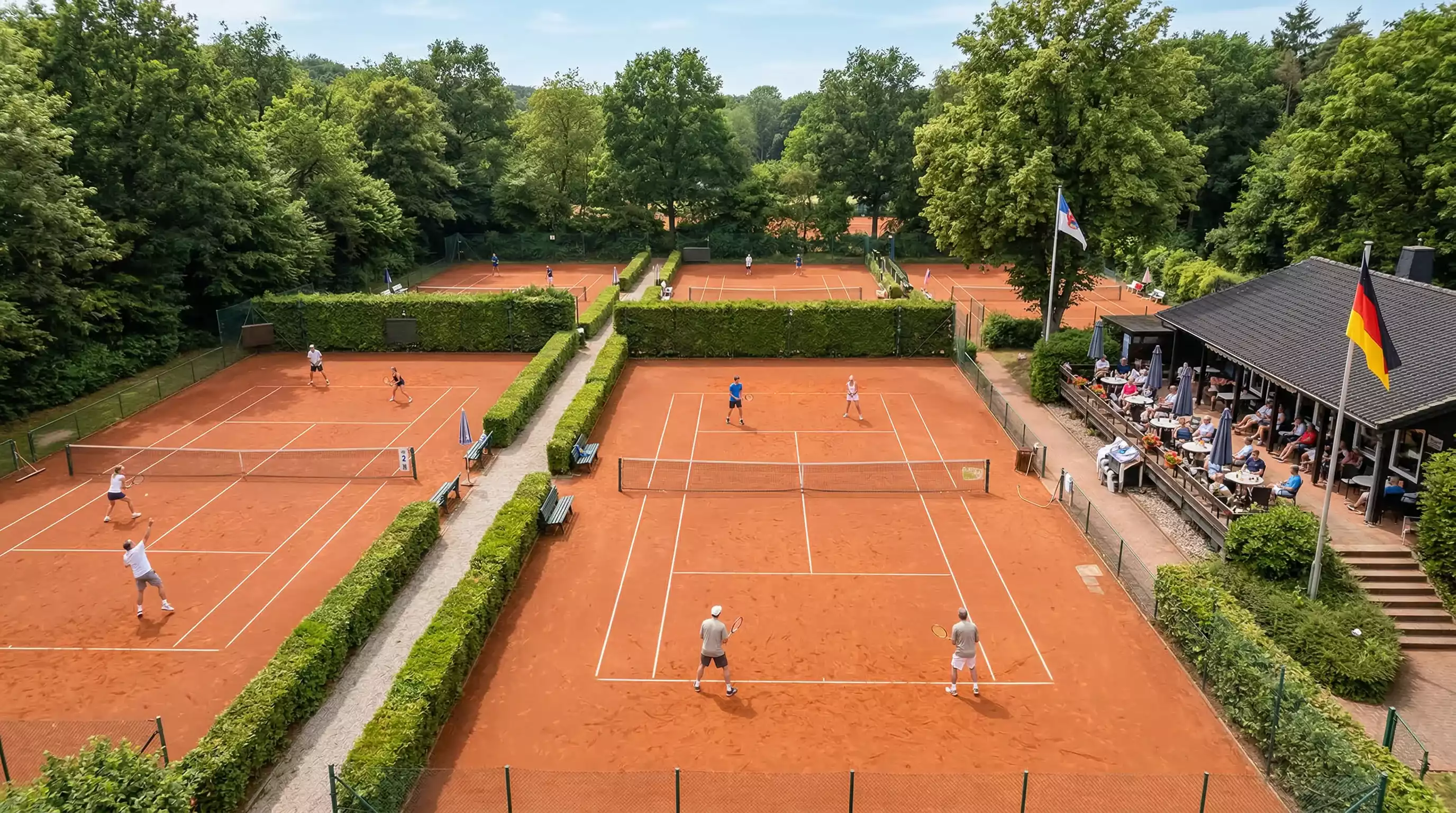 Tennis in Deutschland – Tennisverein mit belebten Sandplätzen und Nachwuchsspielern beim Training