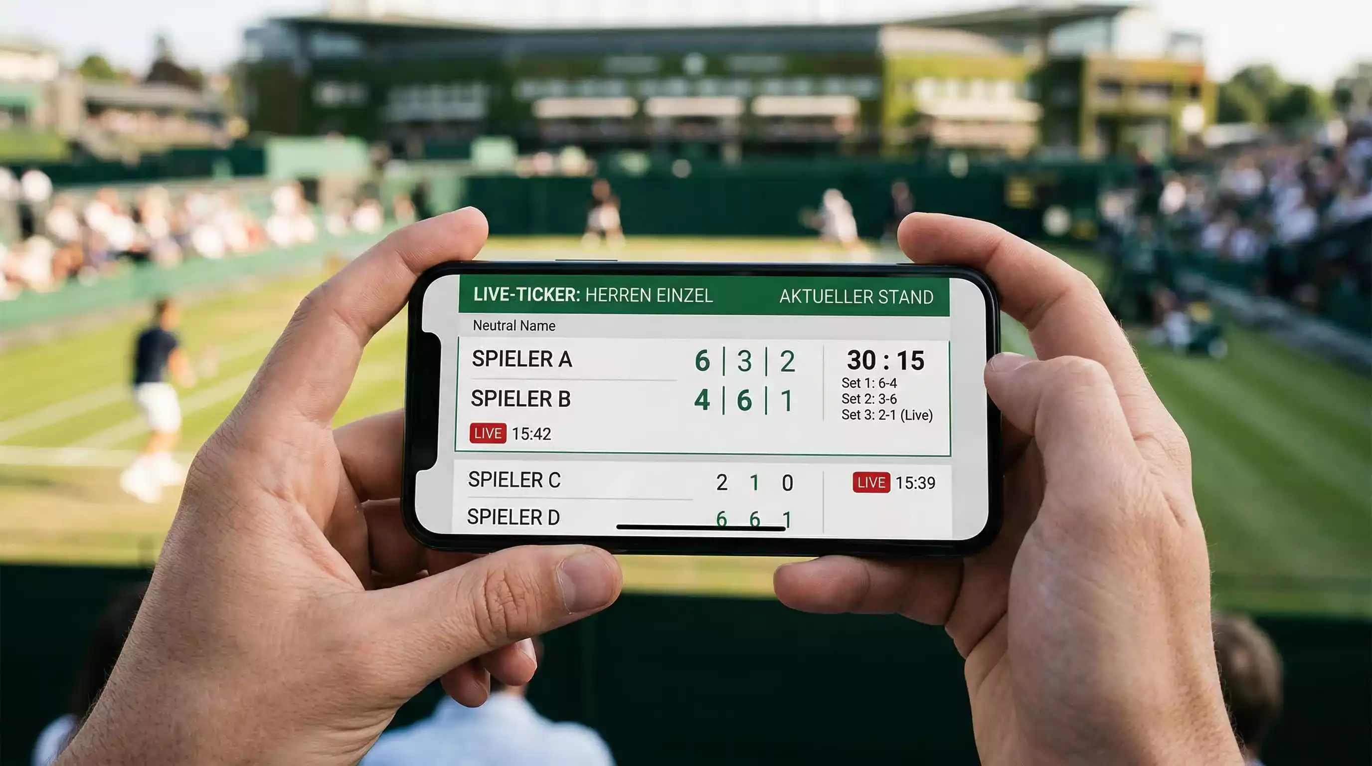 Tennis Live-Ticker – Smartphone zeigt Echtzeit-Spielstände eines professionellen Tennisturniers