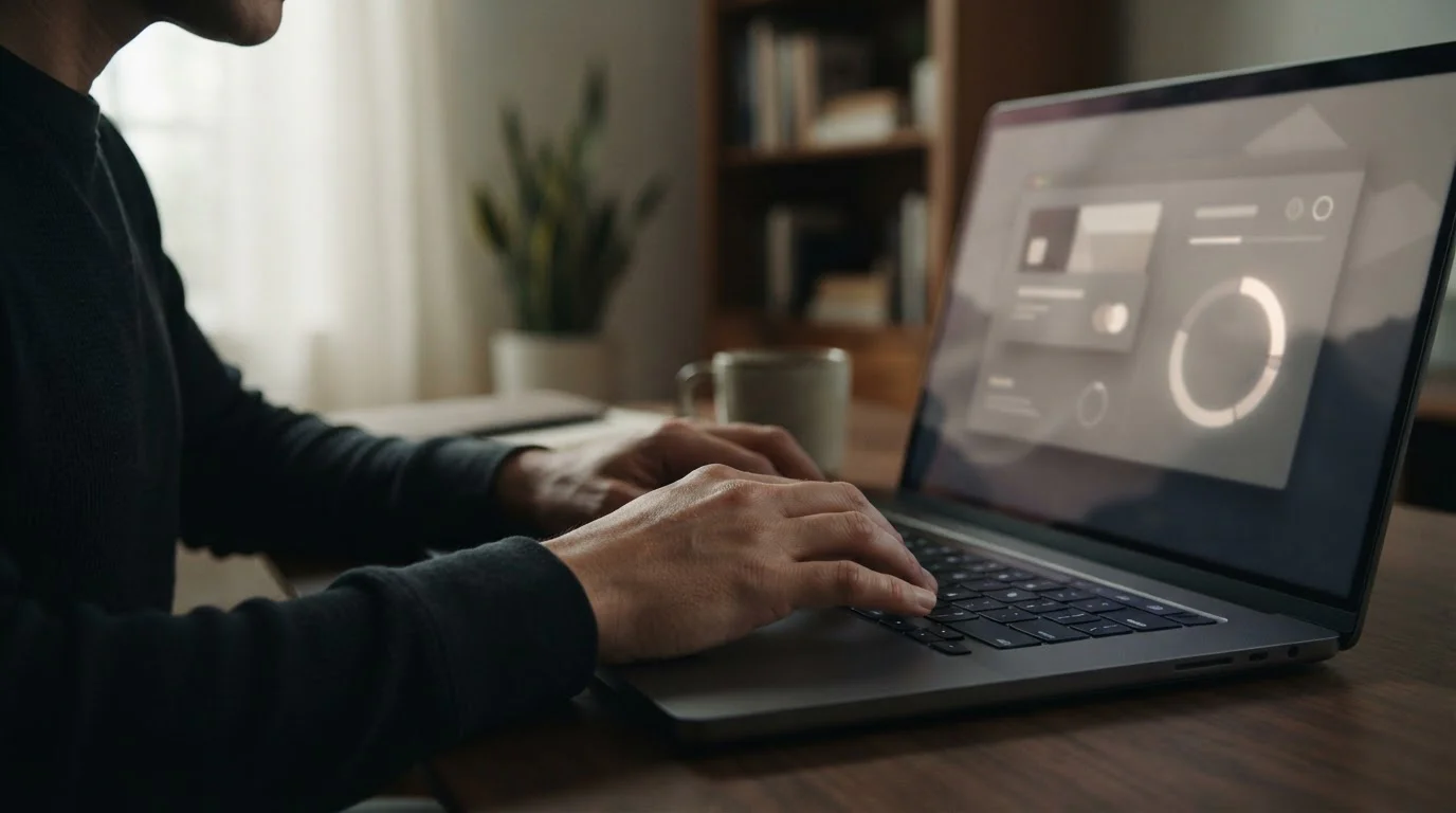 Hände an Laptop-Tastatur während Online-Transaktion