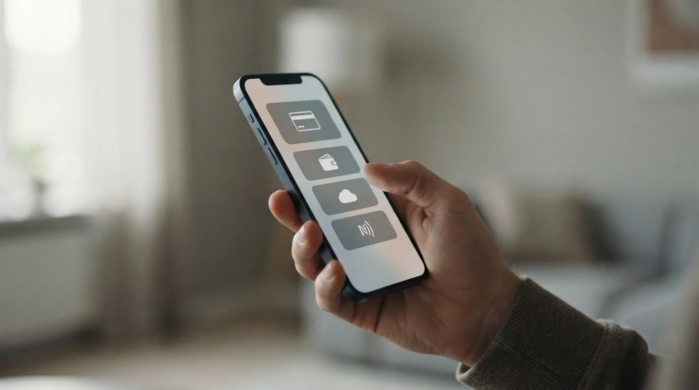 Smartphone mit abstraktem Zahlungsbildschirm und Auswahl verschiedener Zahlungsoptionen